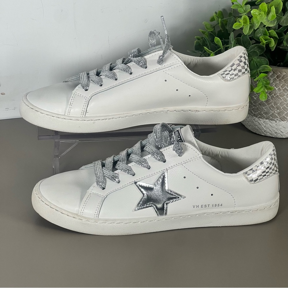 Vintage Havana White Sneakers with Silver Star and Check Heel